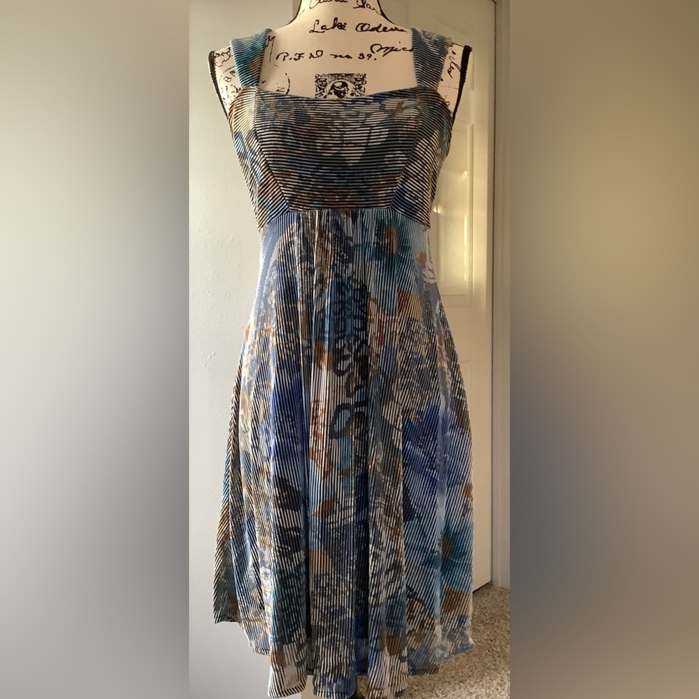 Elegant Blue and Brown Striped Dress